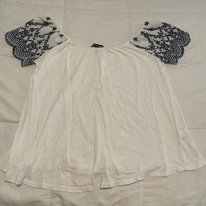 White off-shoulder/wide neck embroidered shoulder cap top